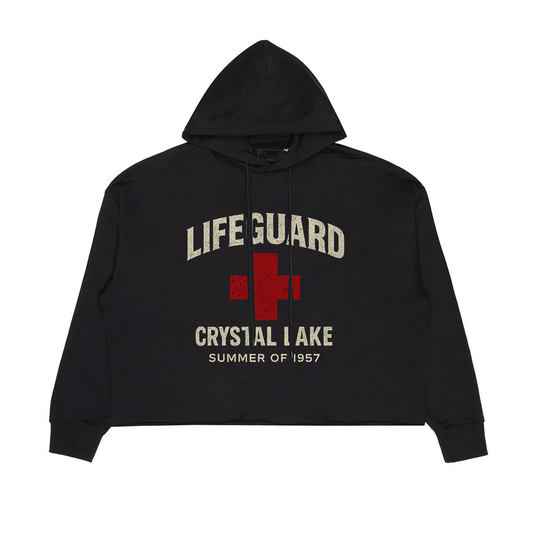 Screaming Saints black 'Lifeguard Crystal Lake' unisex hoodie with a red cross logo and 'Summer of 1957' text.