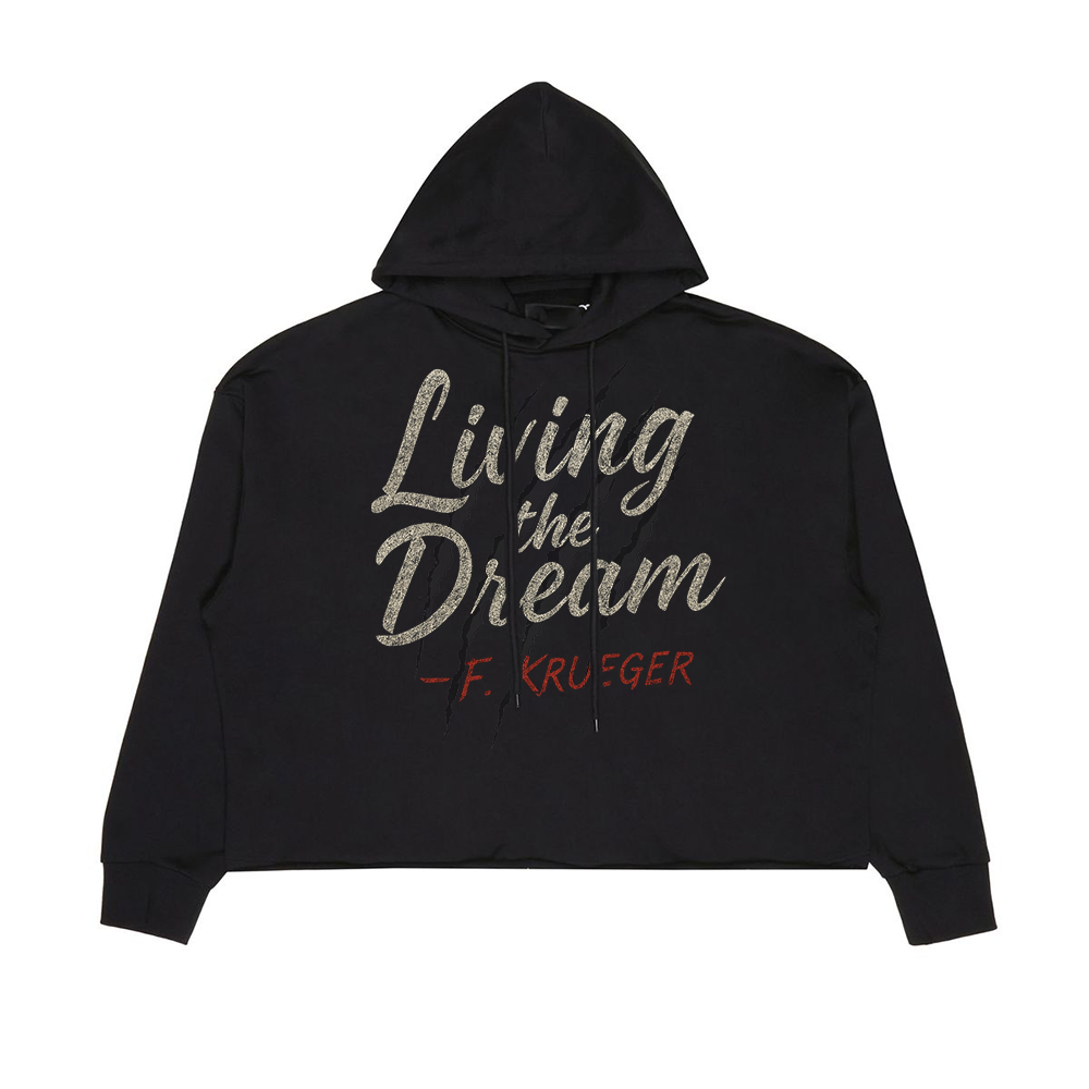 Screaming Saints black 'Living the Dream' unisex hoodie with a vintage graphic and 'F. Krueger' in red text.