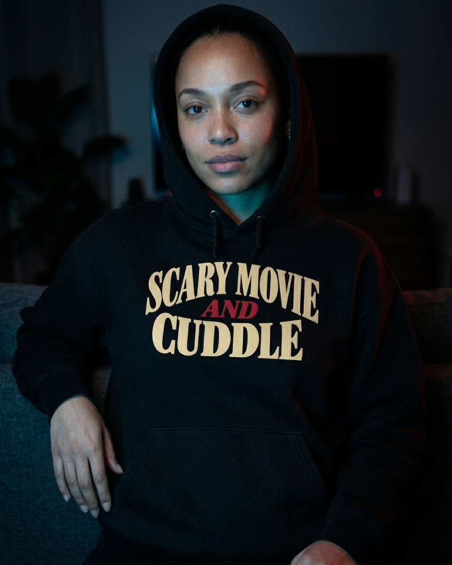 Woman wearing the black Scary Movie and Cuddle hoodie with the hood up on a couch during a scary movie night.
