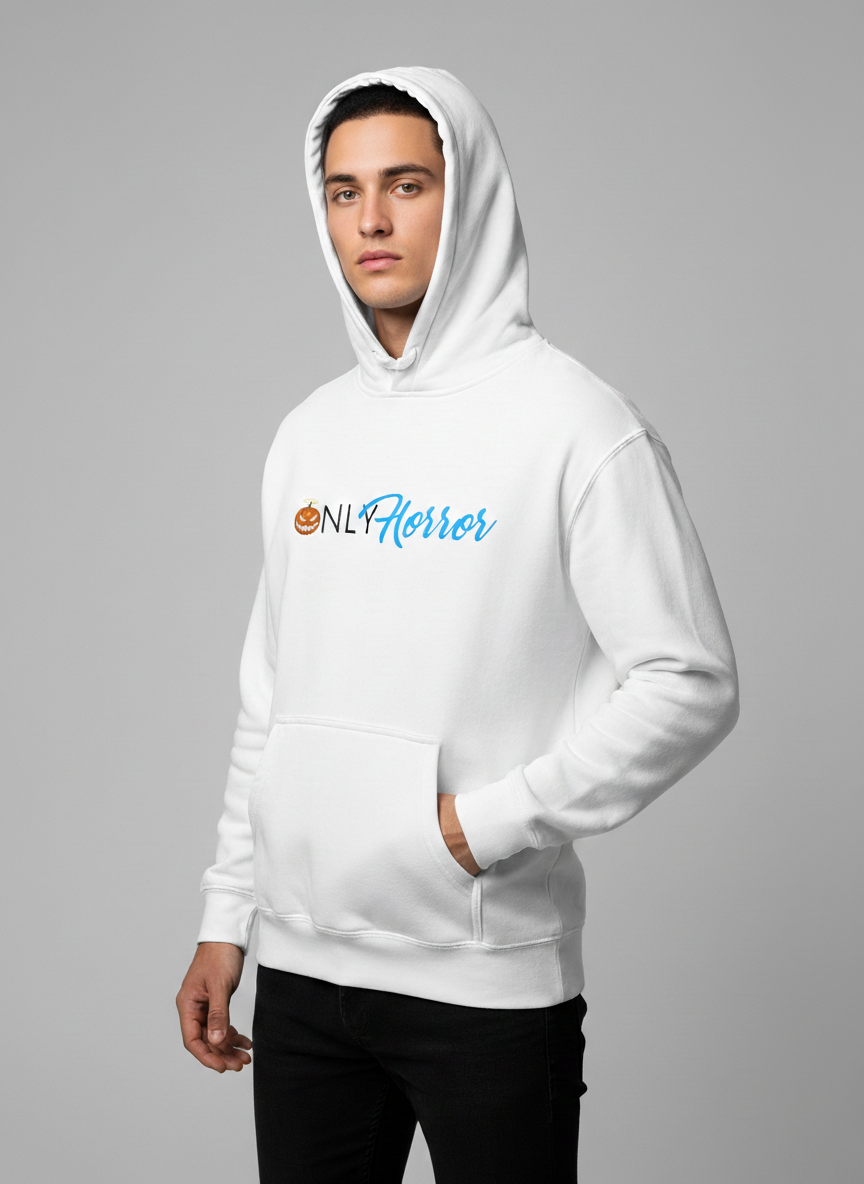 Screaming Saints OnlyHorror Premium Fleece Hoodie white unisex streetwear with an orange and blue graphic on a male model.