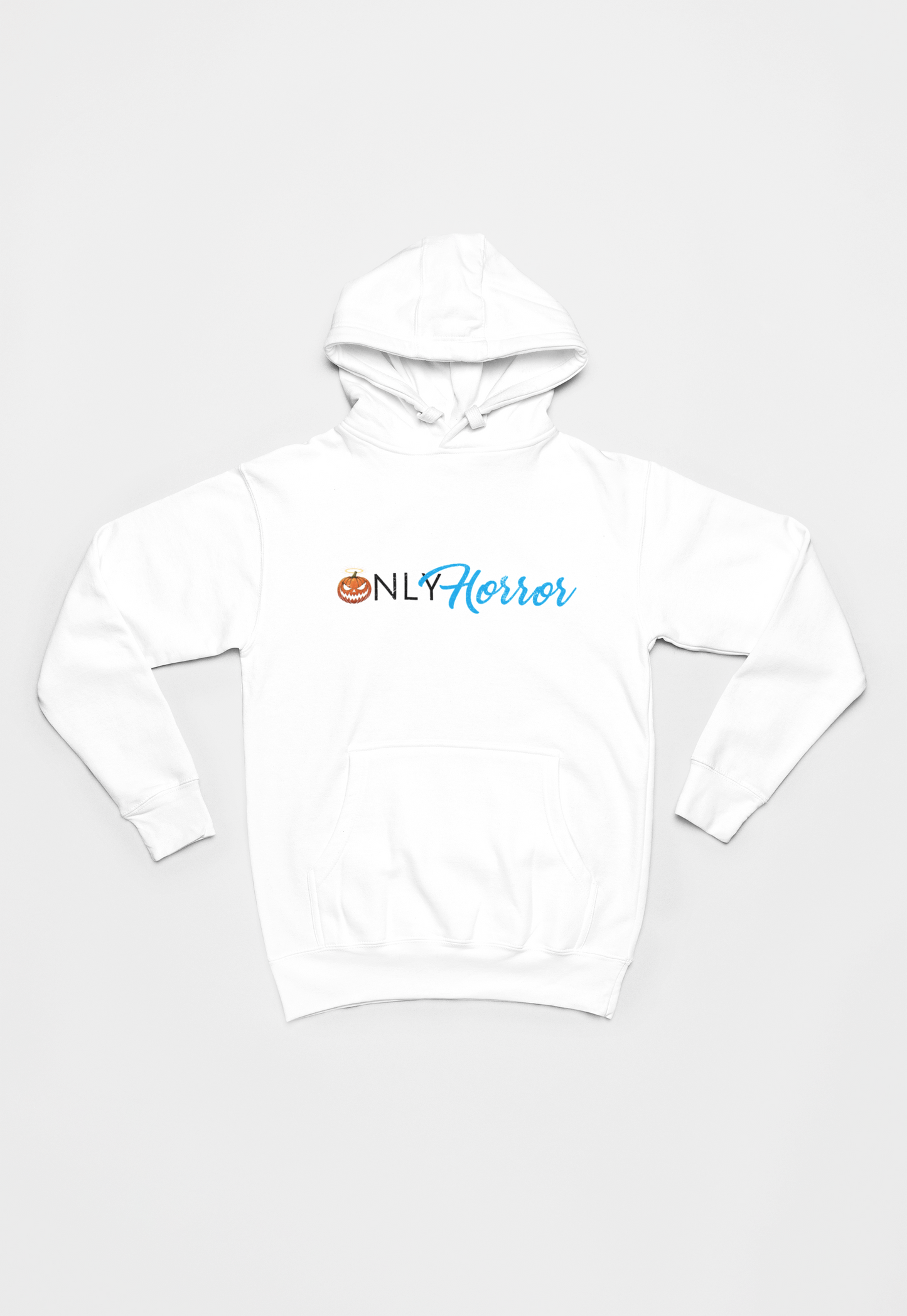 Screaming Saints 'Only Horror' white unisex hoodie, featuring an orange and blue graphic on the chest.