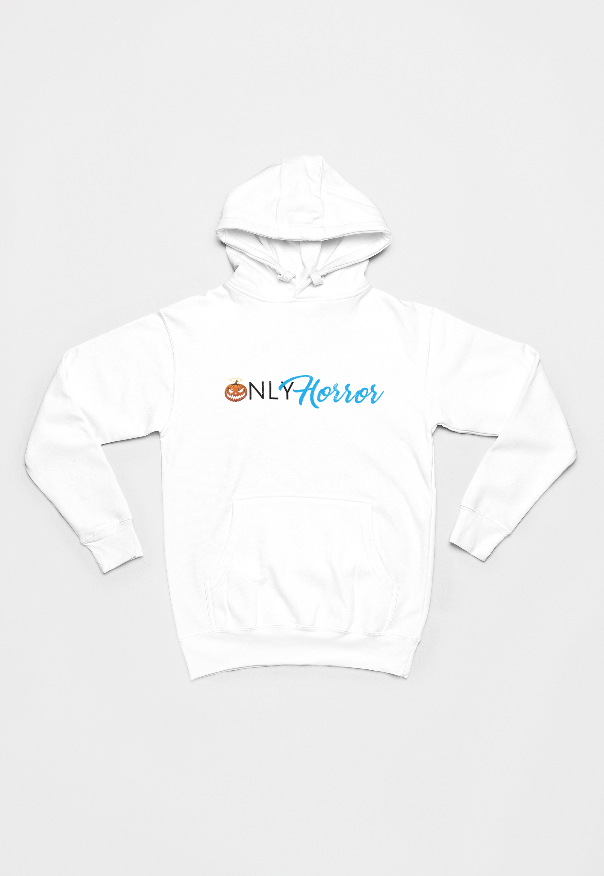 Screaming Saints 'Only Horror' white unisex hoodie, featuring an orange and blue graphic on the chest.