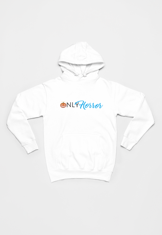 Screaming Saints 'Only Horror' white unisex hoodie, featuring an orange and blue graphic on the chest.