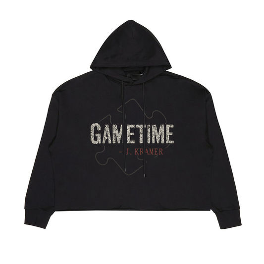 Screaming Saints black 'Game Time' unisex hoodie with a distressed graphic and 'J. Kramer' in red text.