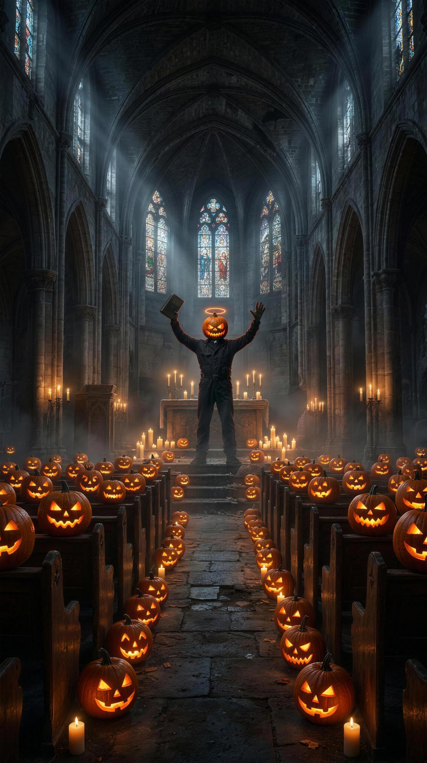 Jack the pumpkin preacher raising the Forbidden Frights book before a congregation of jack-o-lanterns
