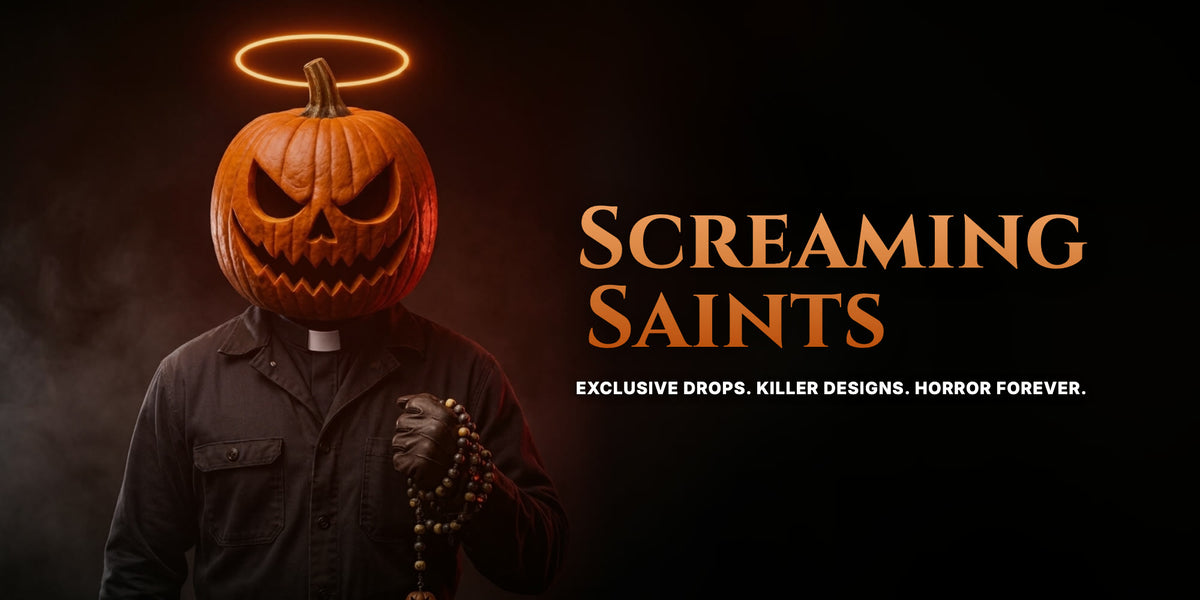Jack of All Souls, the Screaming Saints mascot: a haloed jack-o-lantern head above black coveralls and a priest collar, holding a rosary with a pumpkin charm
