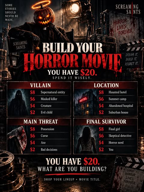 Screaming Saints on Instagram: Build your horror movie. You have $20. Spend it wisely.
