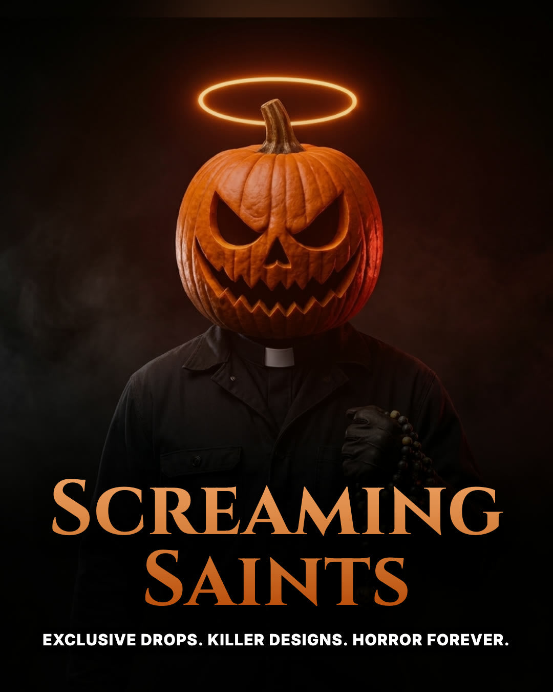 Jack of All Souls, the Screaming Saints mascot: a haloed jack-o-lantern head above black coveralls and a priest collar, holding a rosary with a pumpkin charm