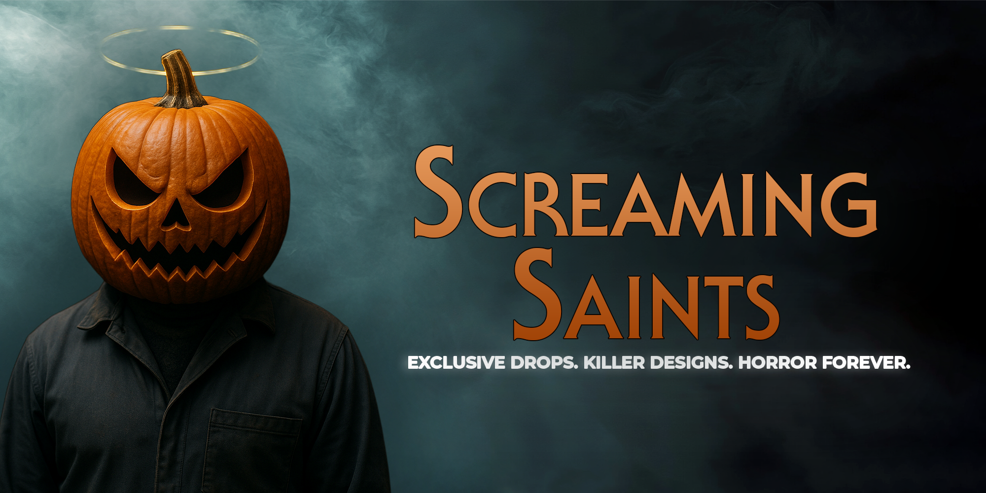 Screaming Saints desktop banner featuring a person with a jack-o'-lantern head and a halo.