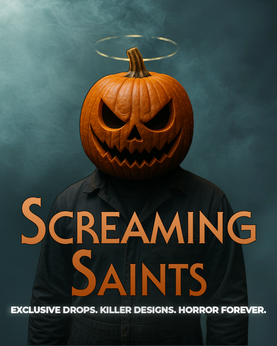 Screaming Saints mobile banner featuring a person with a jack-o'-lantern head and a halo.